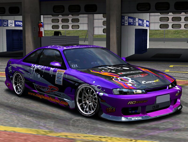 purple drift car in garage