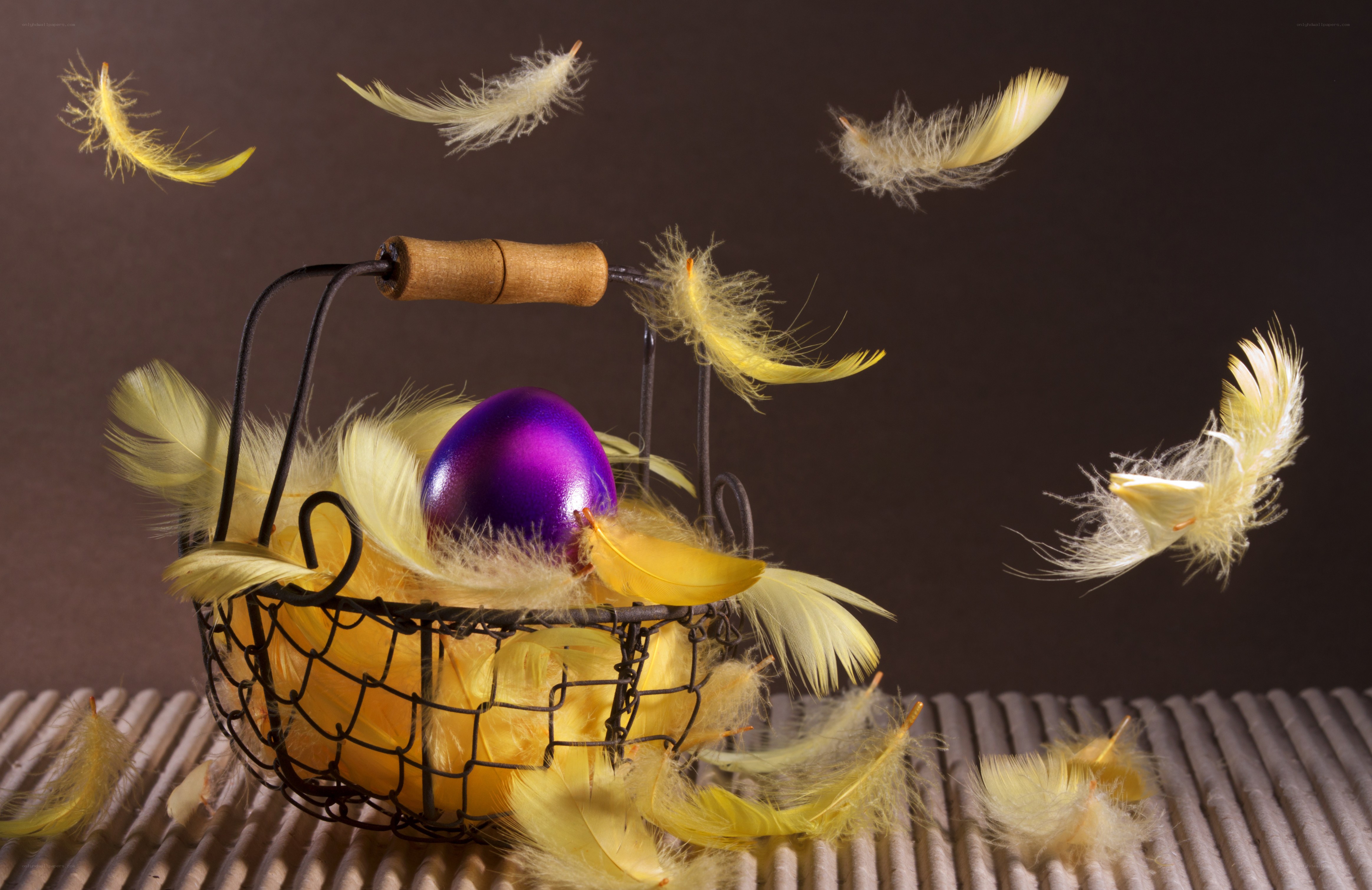 Purple egg in a feather basket