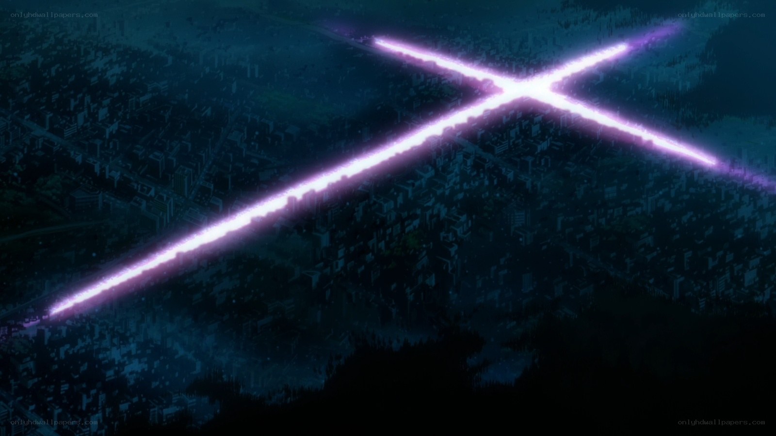 Purple energy beams over city