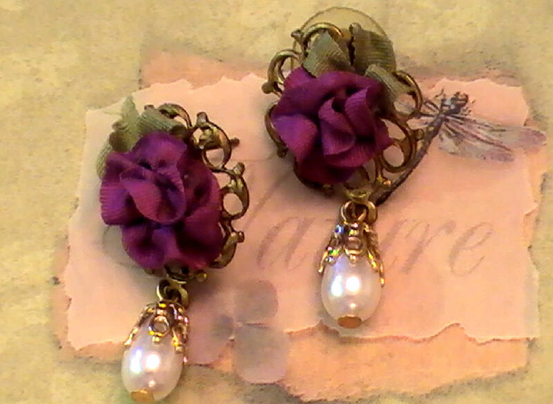 Purple Fabric Flower Earrings