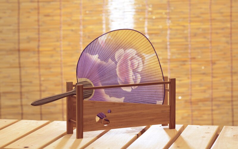 Purple fan on wooden stand