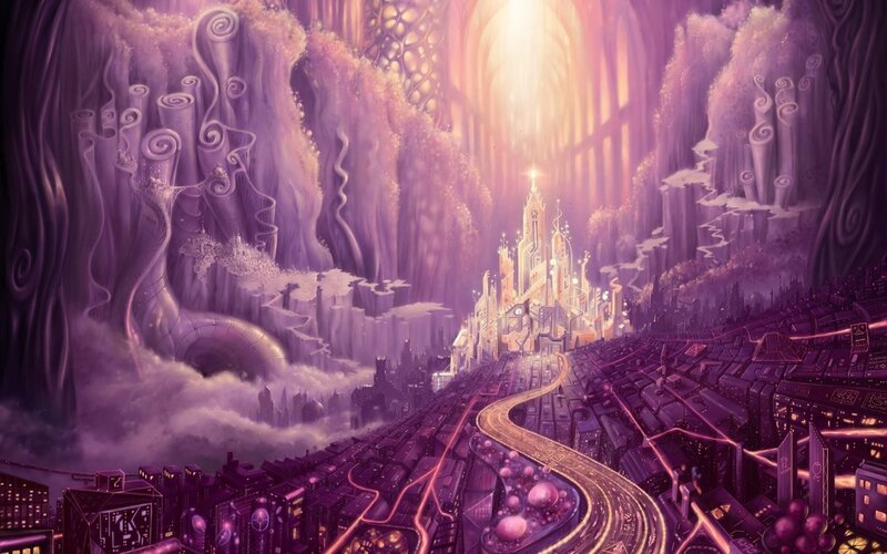 purple fantasy cityscape