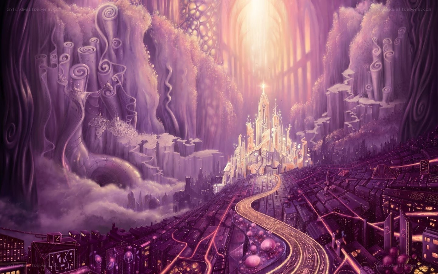 purple fantasy cityscape