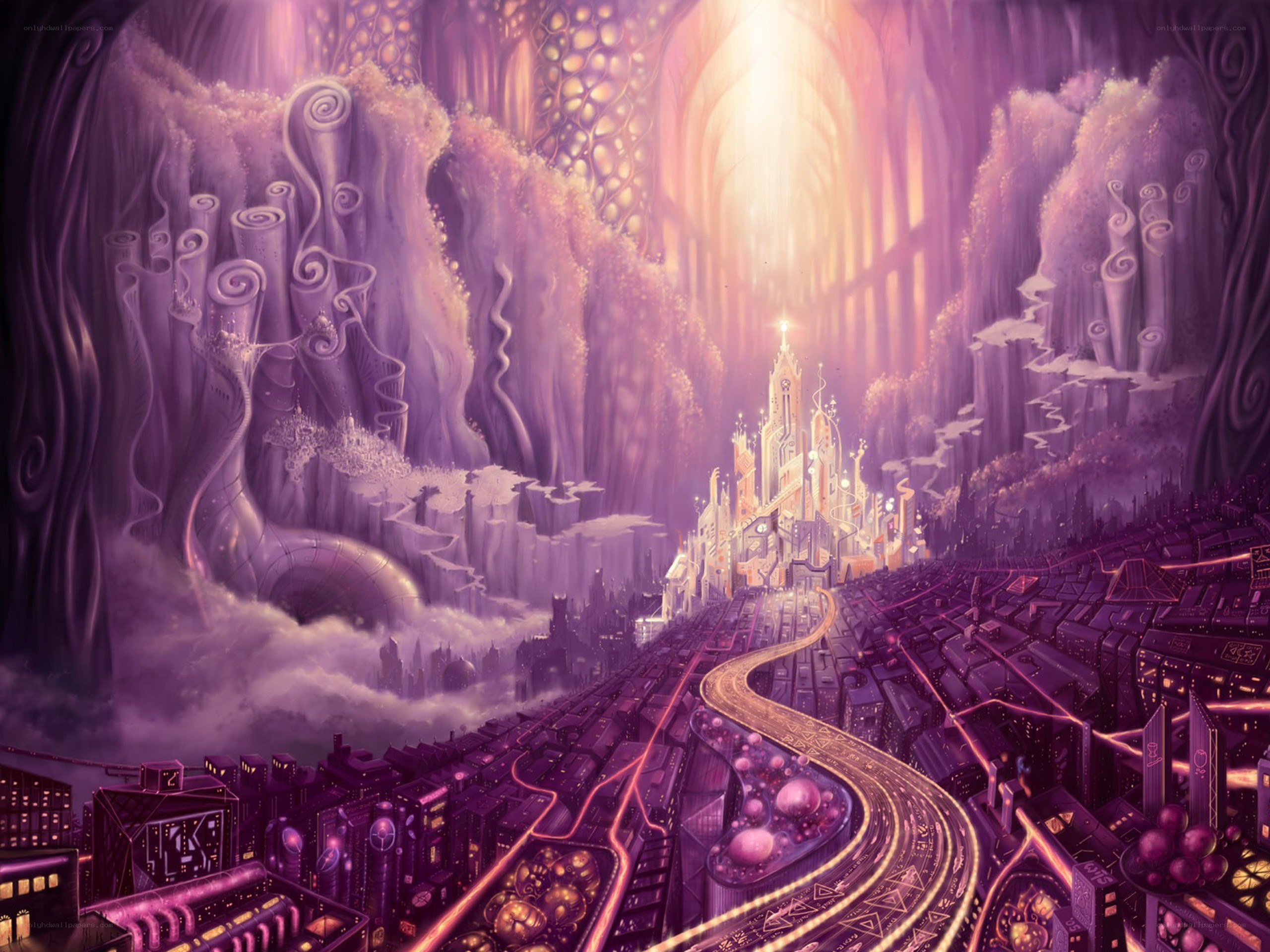 purple fantasy cityscape