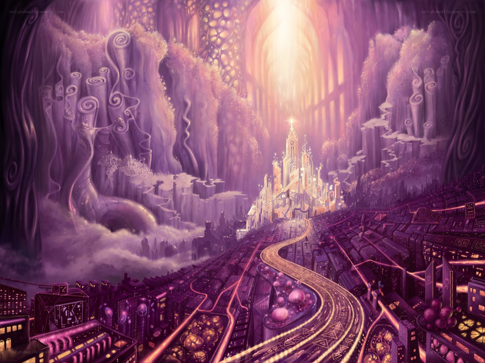 purple fantasy cityscape