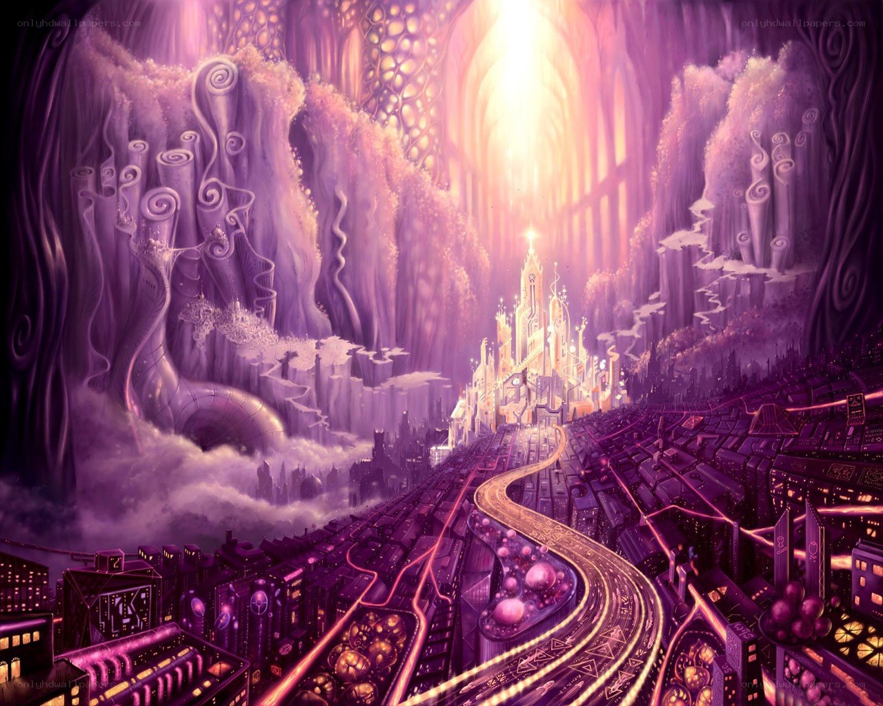 purple fantasy cityscape