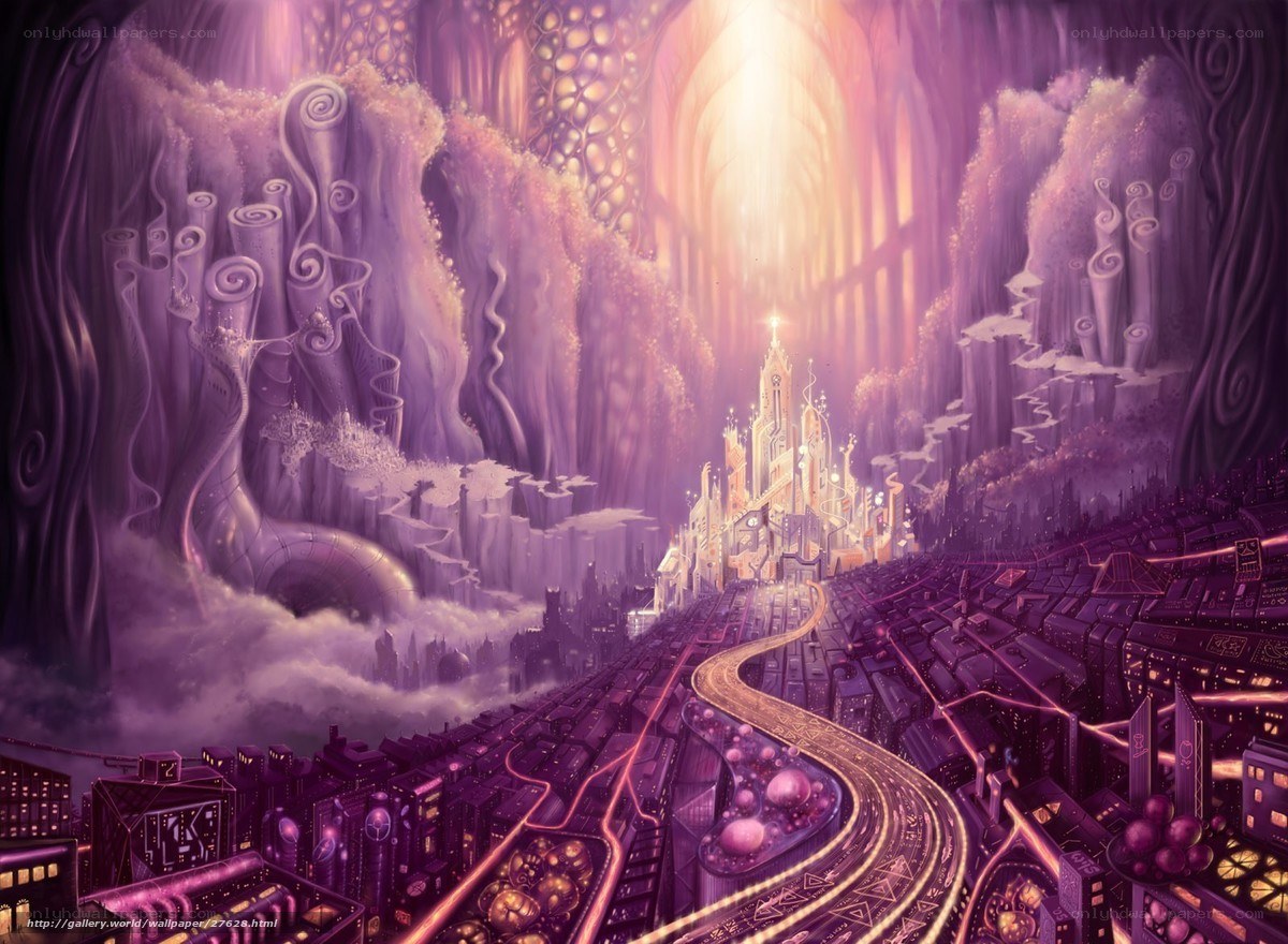 purple fantasy cityscape