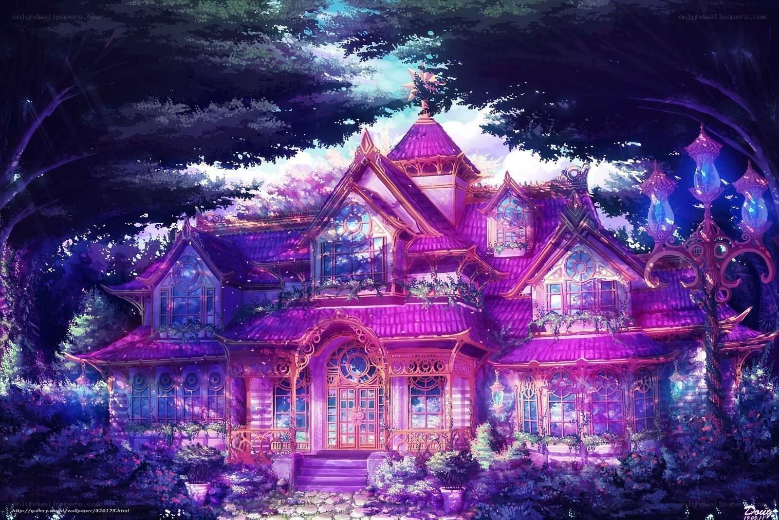 Purple fantasy house at night