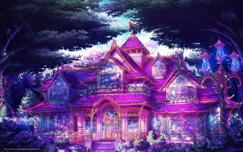 Purple Fantasy House — Magical, Night, Digital Art, Trees, Lamp Post, Flowers