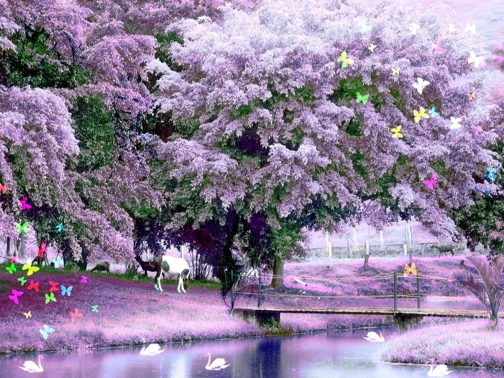 Purple fantasy landscape with animals