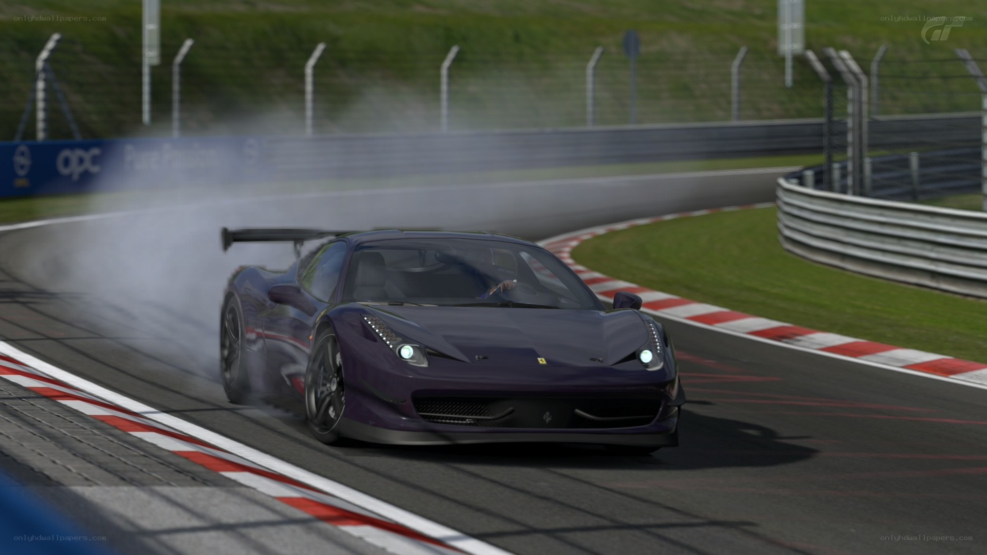 Purple Ferrari on racetrack