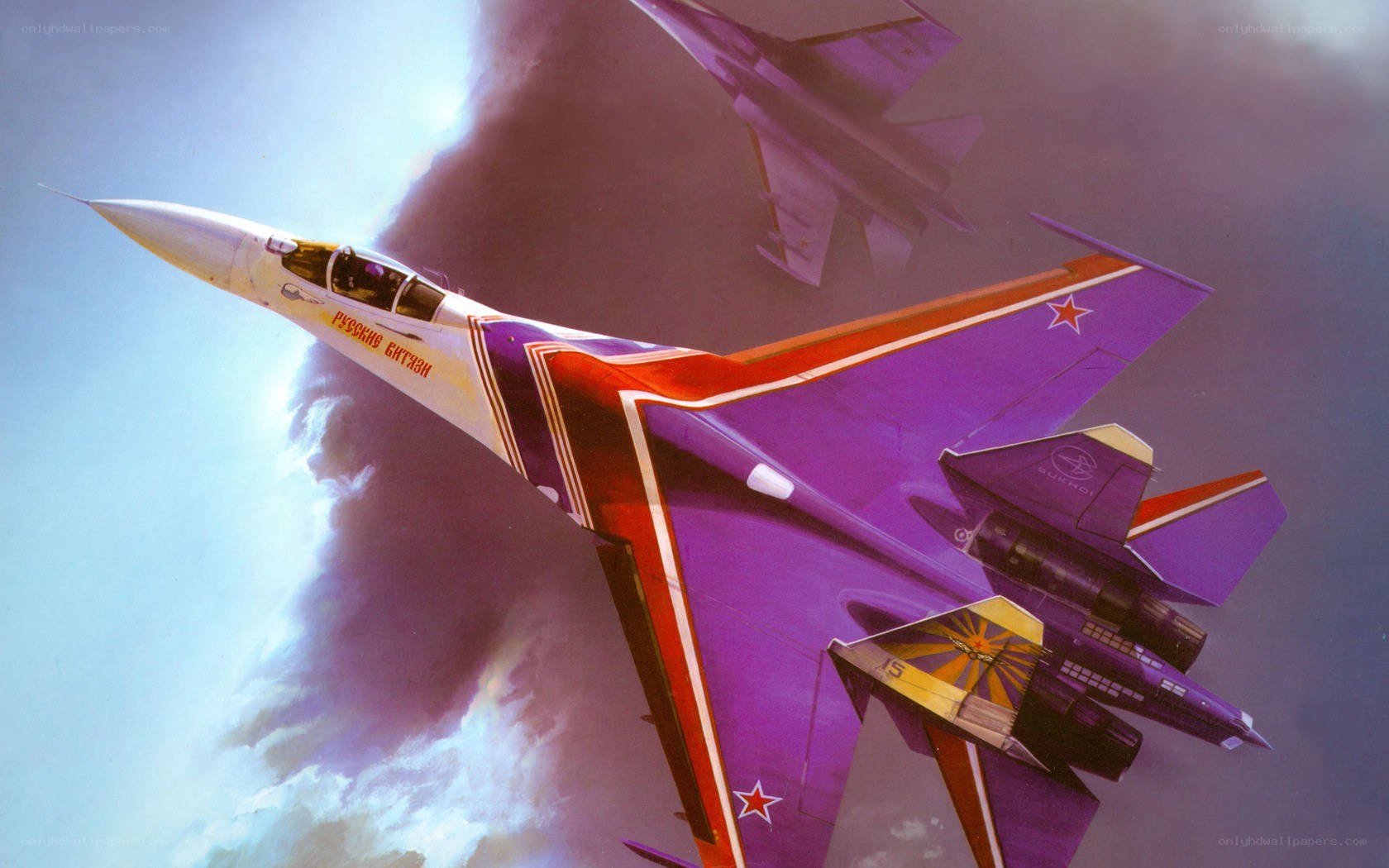 Purple fighter jet in flight