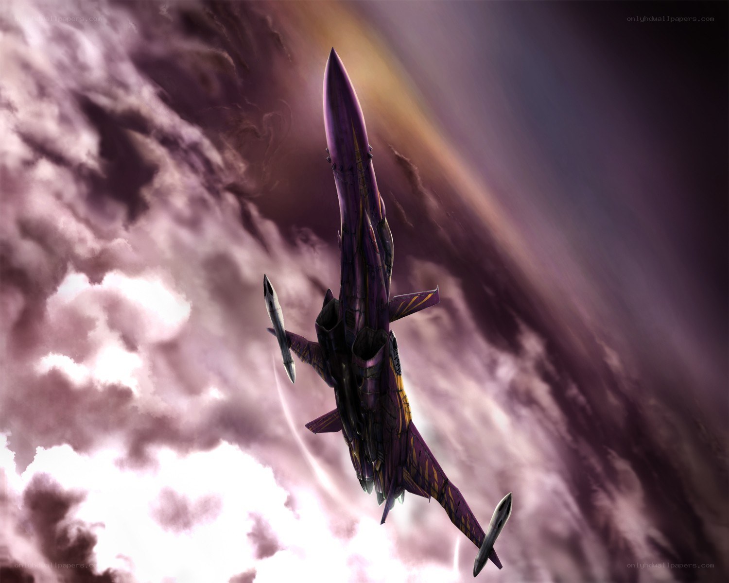 purple fighter jet in storm