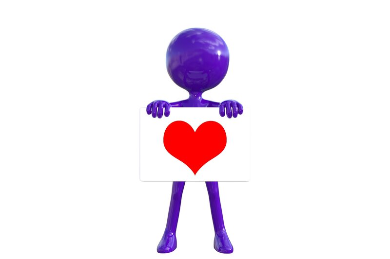 Purple figure holding heart sign
