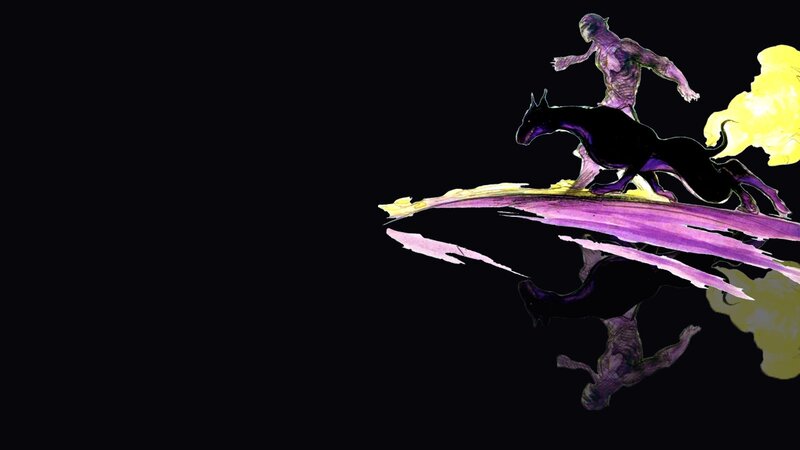 purple figure on black horse