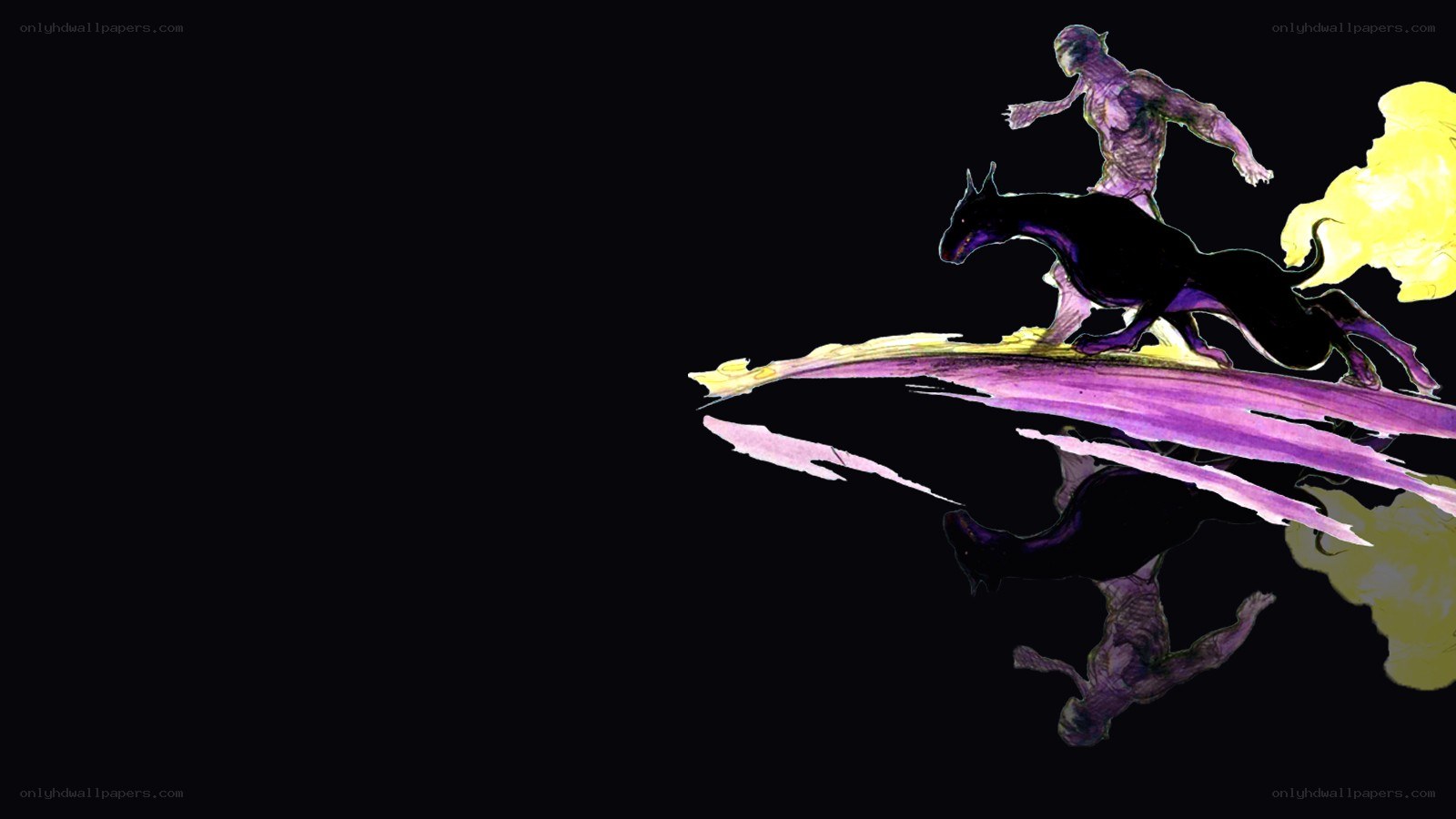 purple figure on black horse