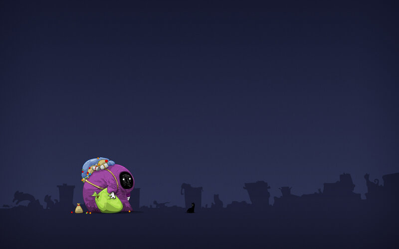 Purple figure with green bag
