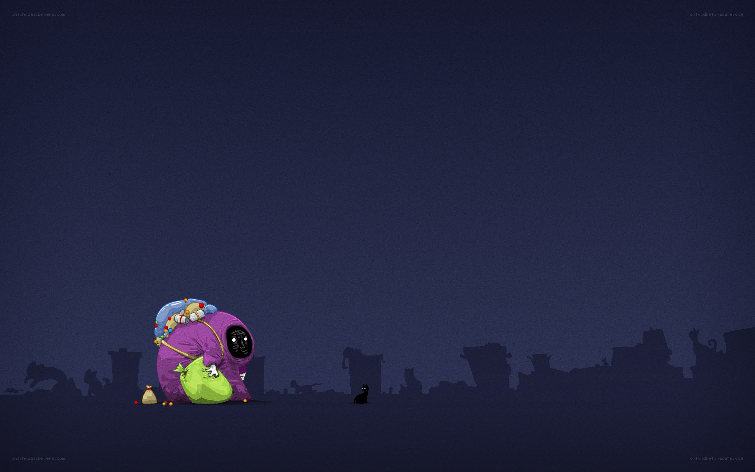 Purple figure with green bag