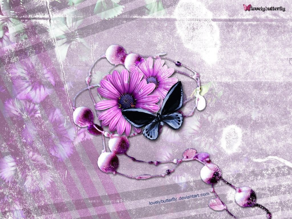 purple flower and butterfly art