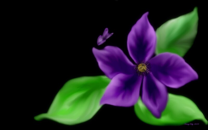 Purple Flower with Green Leaves — Dramatic, Digital Art, Butterfly