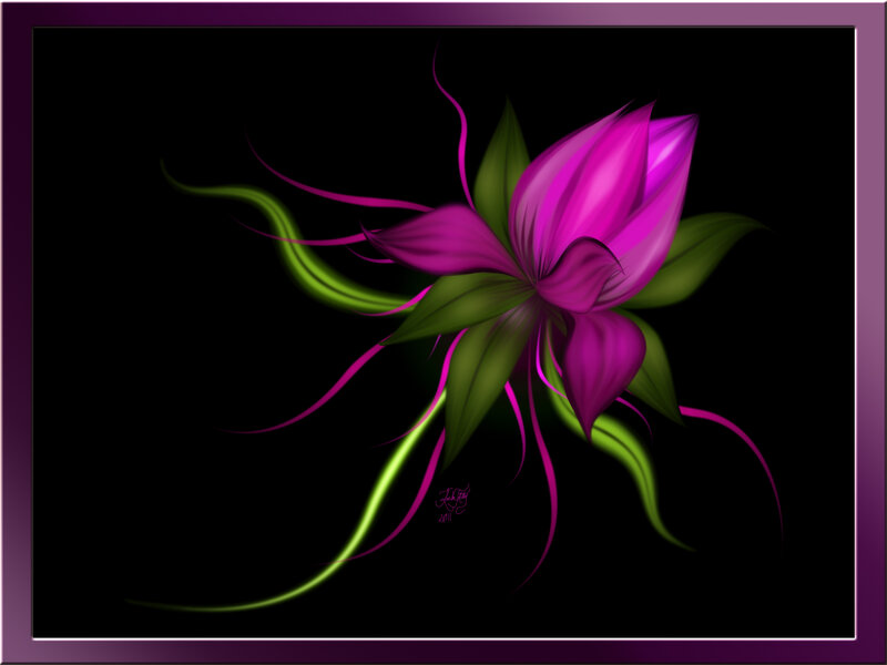 Purple Flower with Green Leaves — Dramatic, Digital Art, Stems