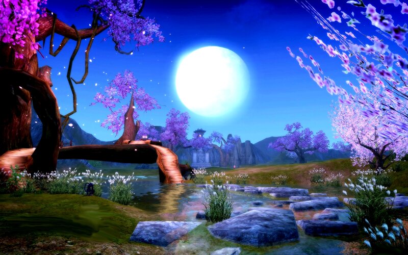 Purple-flowered Trees by Stream
