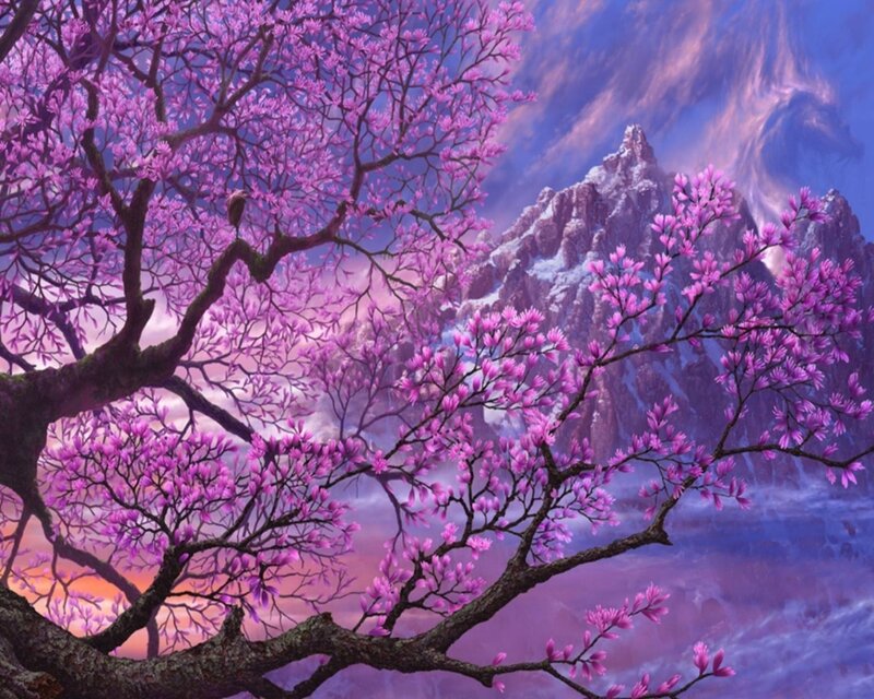 Purple Flowering Tree — Serene, Spring, Digital Art