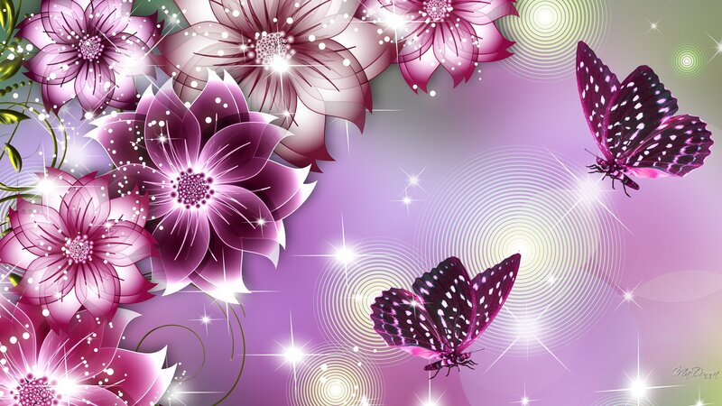 Purple Flowers and Butterflies — Dreamy, Digital Art, Sparkles, Circles