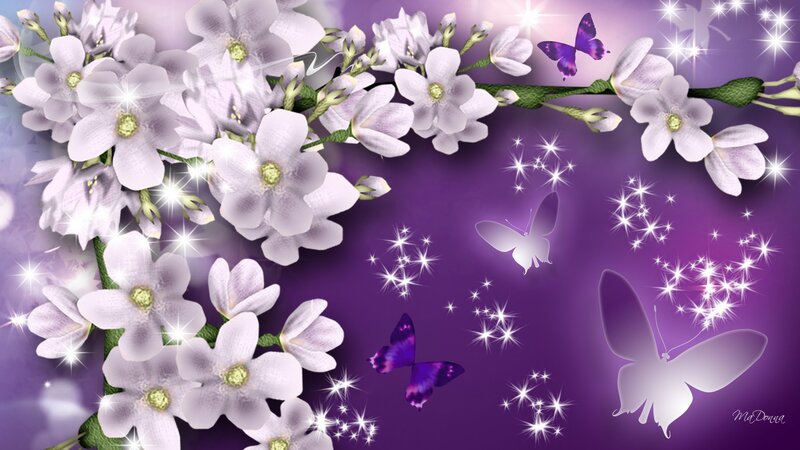 Purple Flowers and Butterflies — Dreamy, Digital Art, Sparkles