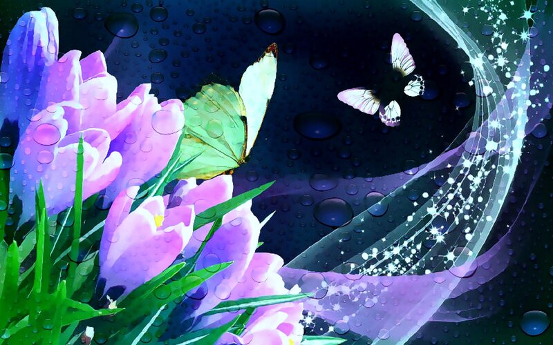 Purple Flowers and Butterflies — Dreamy, Night, Digital Art