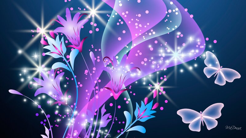 Purple Flowers and Butterflies — Magical, Night