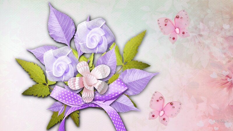 Purple Flowers and Butterflies — Serene, Digital Art, Leaves, Bow