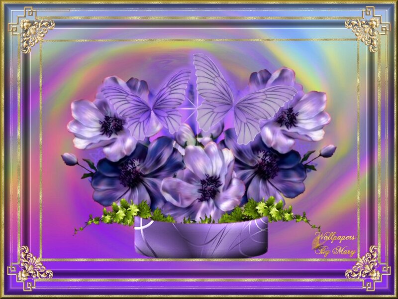 Purple Flowers and Butterflies — Serene, Digital Art, Vase