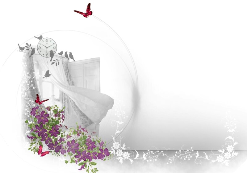 Purple Flowers and Butterflies — White