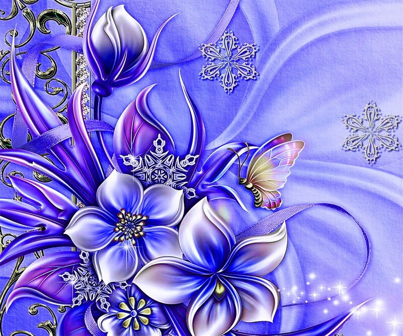 Purple Flowers and Butterfly — Blue