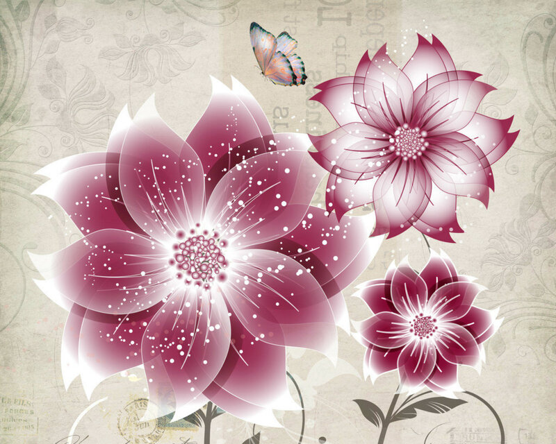 Purple Flowers and Butterfly — Serene, Digital Art, Leaves
