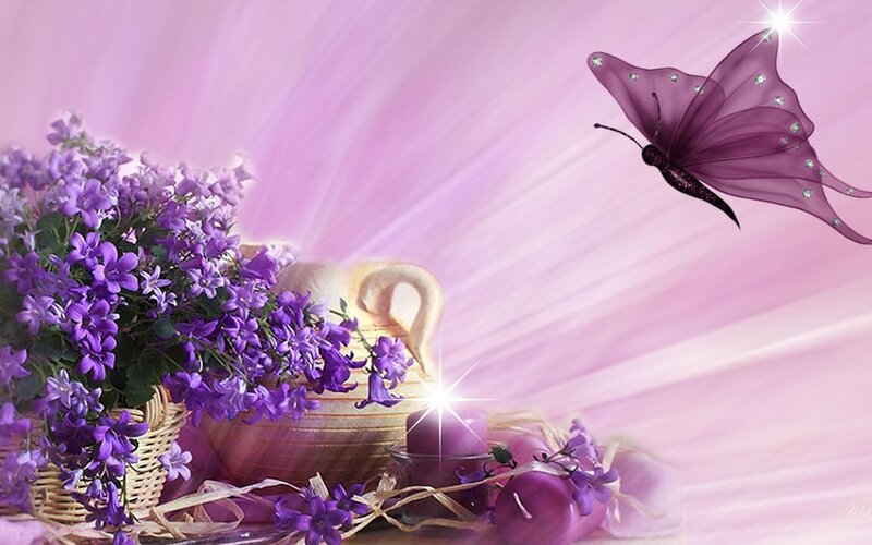 Purple Flowers and Butterfly — Serene, Digital Art