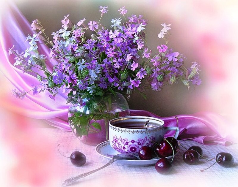 Purple Flowers and Cherries — Serene, Morning