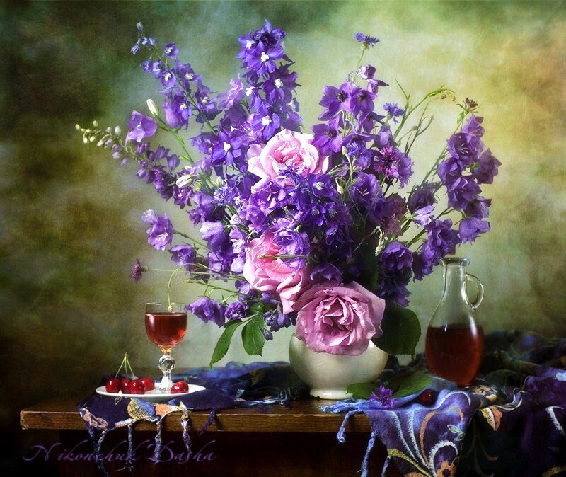 Purple flowers and cherries