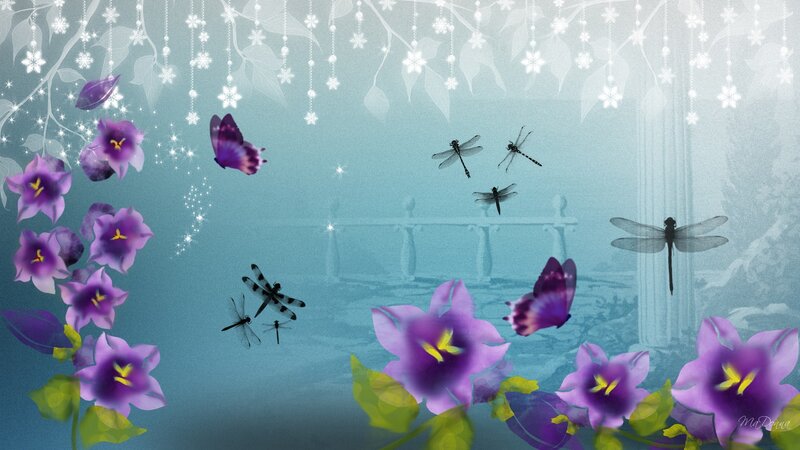Purple Flowers and Dragonflies