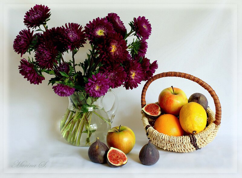 Purple Flowers and Fruit Basket