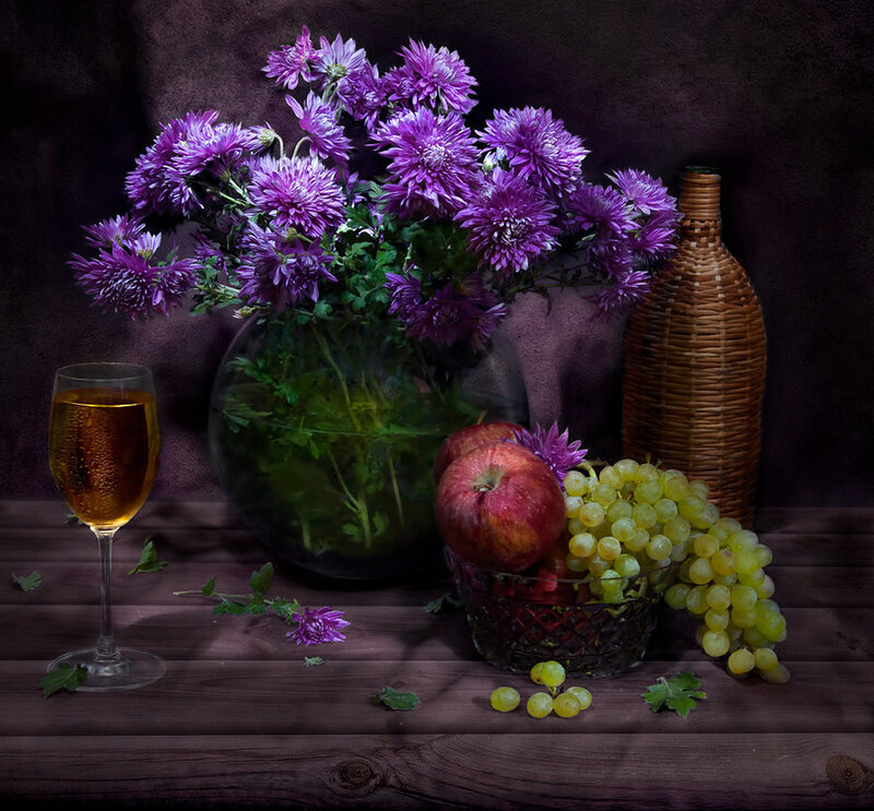 Purple Flowers and Fruit — Dramatic, Photograph, Grapes