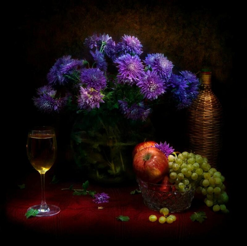 Purple Flowers and Fruit — Dramatic, Photograph