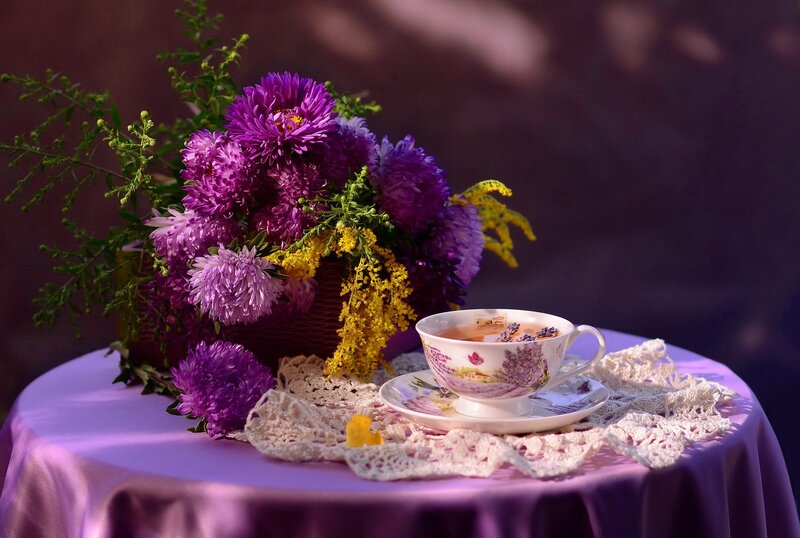 Purple Flowers and Tea Cup