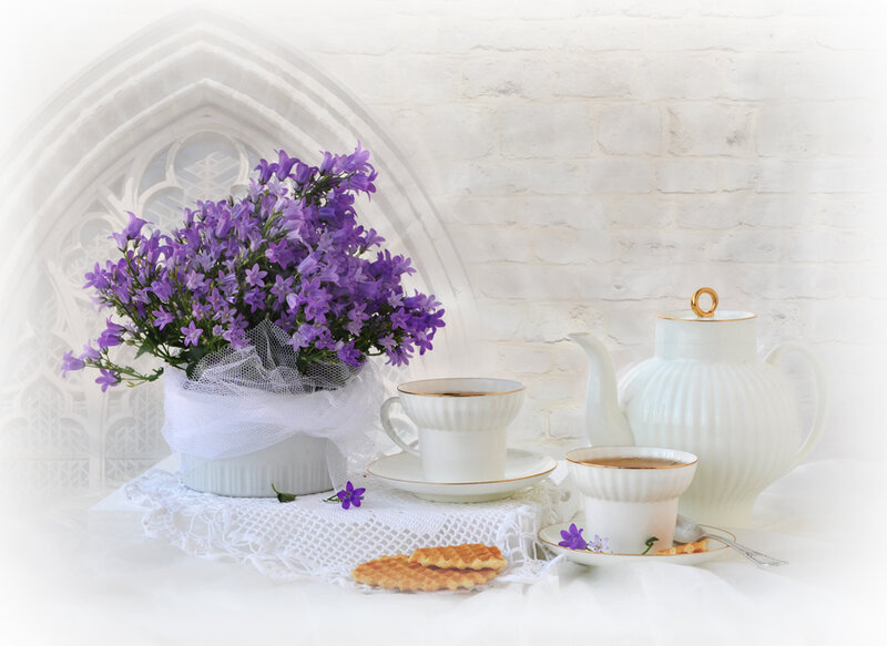 Purple Flowers and Tea Set