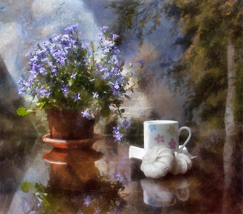 Purple Flowers and Teacup — Serene, Morning