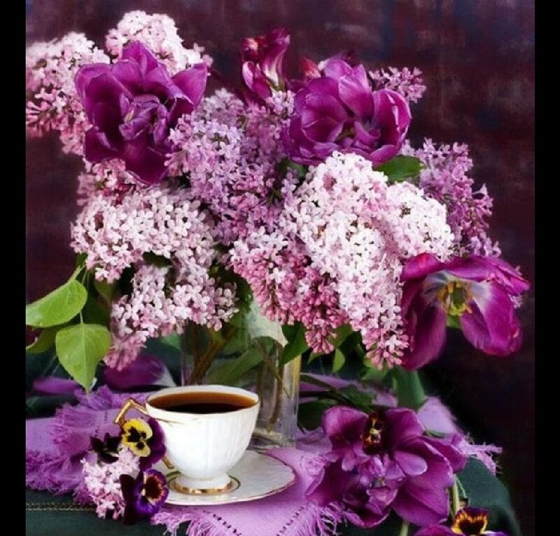 Purple Flowers and Teacup — Serene
