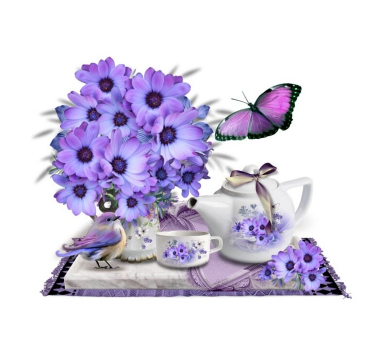Purple Flowers and Teapot
