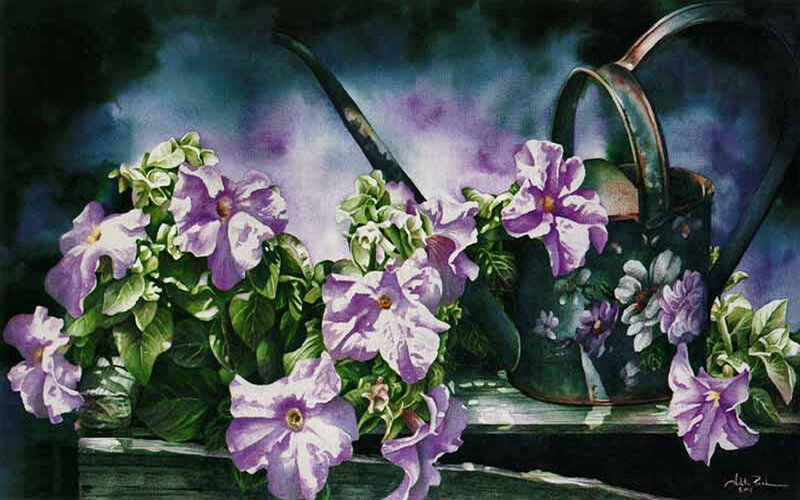 Purple Flowers and Watering Can