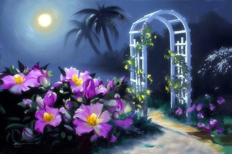 Purple Flowers at Night — Serene, Painting